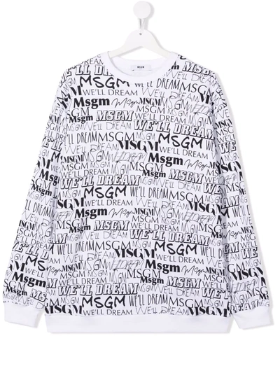Msgm Kids' All-over Logo Print T-shirt In 白色