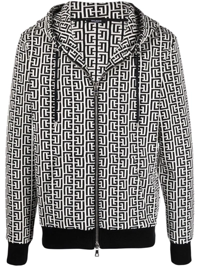 BALMAIN MONOGRAM-PATTERN ZIP-FASTENING HOODIE