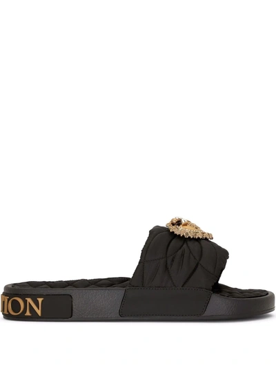 Dolce & Gabbana Nylon Devotion Beachwear Sliders In Black