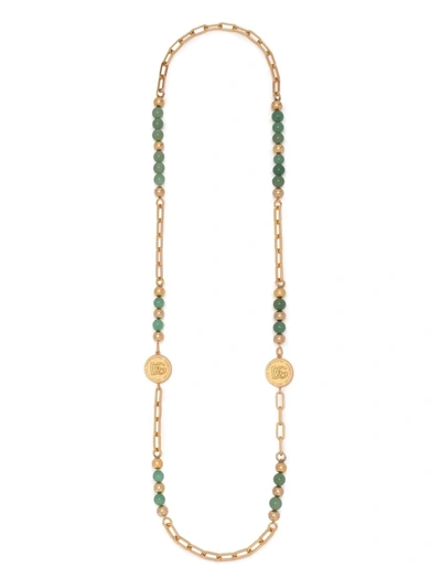Dolce & Gabbana Beaded Logo Charm Necklace In Gold