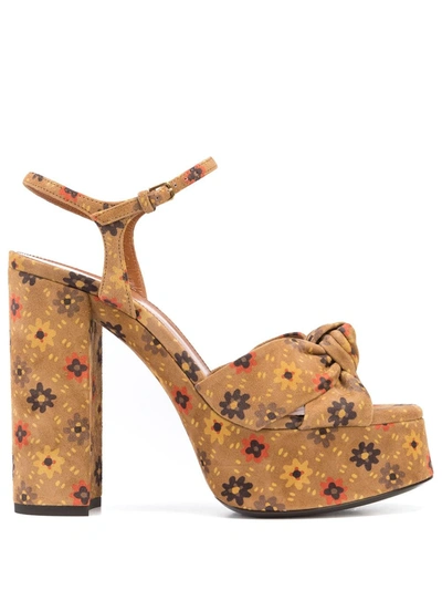 Saint Laurent Bianca 85mm Node Floral-print Platform Sandals In Tan Multi