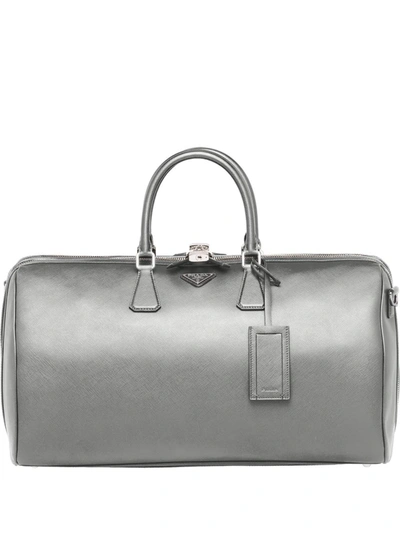 Prada Logo Plaque Duffle Bag In Grey