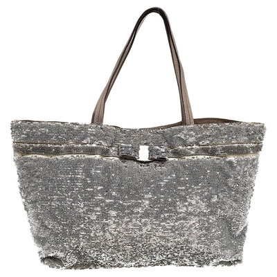 Pre-owned Ferragamo Grey Sequins And Nylon Tote