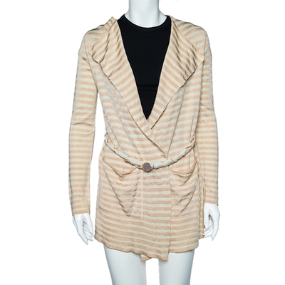 Pre-owned Emporio Armani Beige Striped Knit Belted Cardigan S