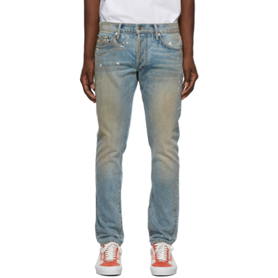 Rhude Paint Splatter Whiskered Denim Skinny Jeans In Blue