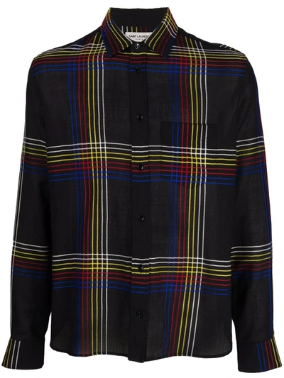 Saint Laurent Shirt With Yves Collar In Check Wool In Black