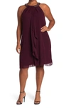 Slny Braid Beaded Neck Chiffon Cascade Ruffle Dress In Fig