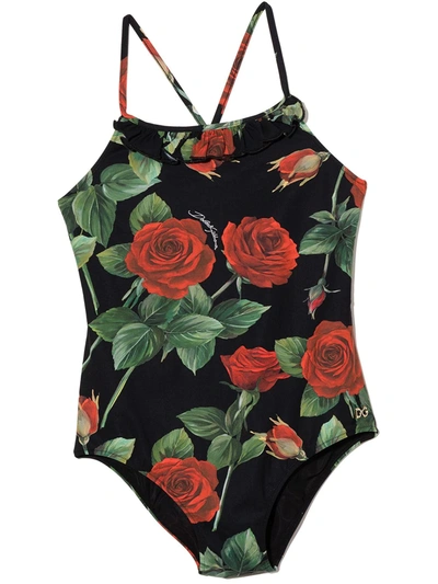 Dolce & Gabbana Kids' Rose Print Swimsuit In Black