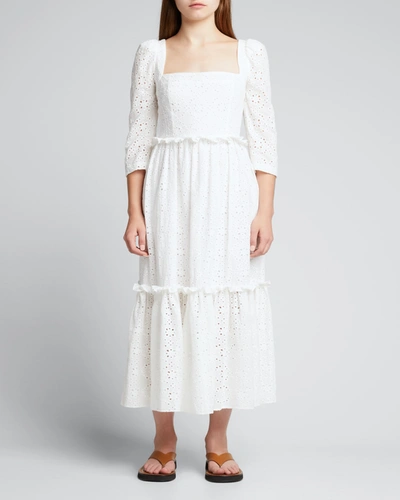 Cara Cara Blue Hill Embroidered Midi Dress In White