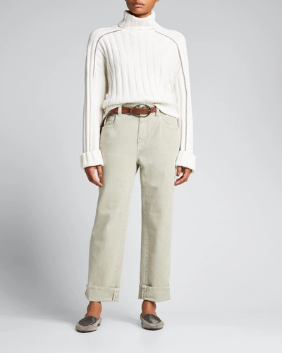 Brunello Cucinelli Straight Leg Jeans W/ Monili Tab In C8596 Sage