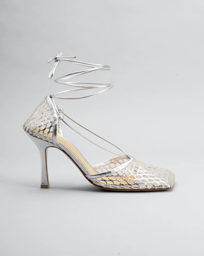 Bottega Veneta 90mm Macrame Metallic Ankle-wrap Pumps In Серебряный