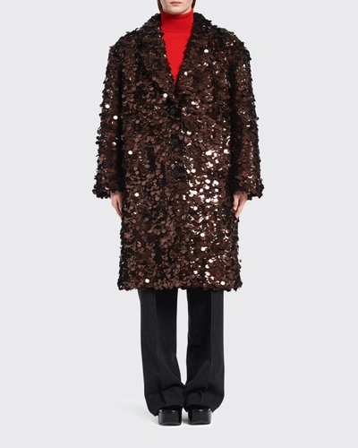 Prada Sequin-embroidered Oversized Long Coat In F0027 Marrone