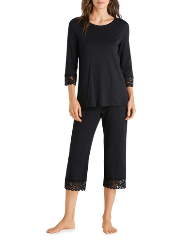 Hanro Moments Lace-trim Cropped Pyjama Set In Black