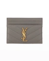 Saint Laurent Monogramme Grain De Poudre Leather Card Case, Golden Hardware In Fog