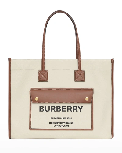 Burberry Small Two-tone Canvas And Leather Freya Tote In Natural/tan
