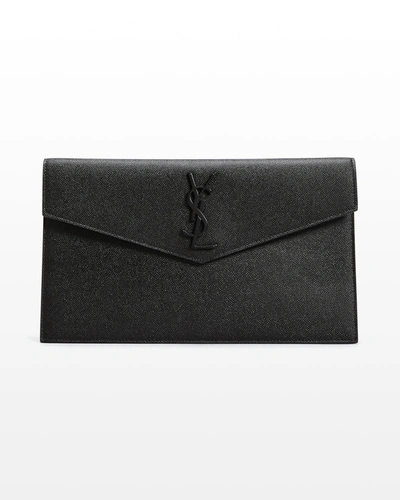 Saint Laurent Uptown Ysl Pouch Wallet In Grain De Poudre Embossed Leather - Black Hardware