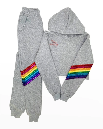 Lola + The Boys Kids' Girl's You Are Amazing Rainbow Embellished 2-piece Jogger Set In Grey