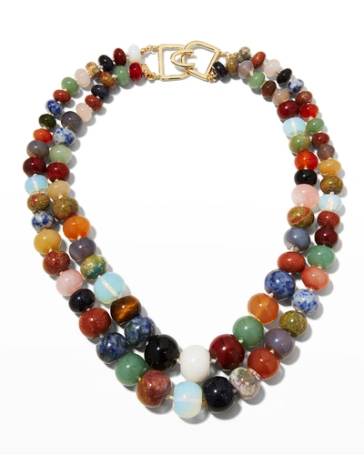 Kenneth Jay Lane 2-row Nesting Multicolor Agate Bead Necklace With Hook Clasp In Gold