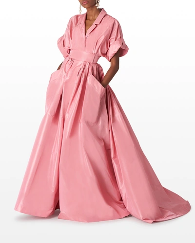 carolina herrera pink shirt dress Carolina Herrera Belted Silk Taffeta Shirt Gown in Pink