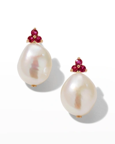Poppy Finch Baroque Pearl Ruby Cluster Earrings