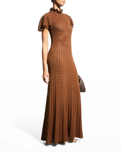 Rebecca Taylor Flounce Sleeve Cotton Blend Crochet Maxi Dress In Chocolate