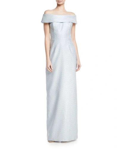 Rickie Freeman For Teri Jon Cuffed Off-the-shoulder Metallic Column Gown In Slate