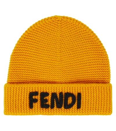 Fendi Kids' Logo Wool And Cashmere Beanie In Yellow