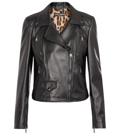 Dolce & Gabbana Crystal Logo Leather Biker Jacket In Black