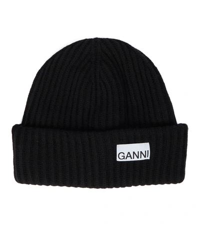 Ganni Womens Black Logo-patch Wool-blend Beanie Hat