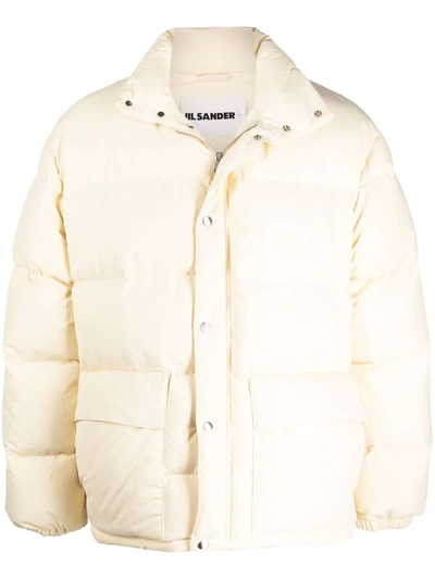 Jil Sander Quilted Recycled Fabric Down Jacket With High Collar In Light Beige