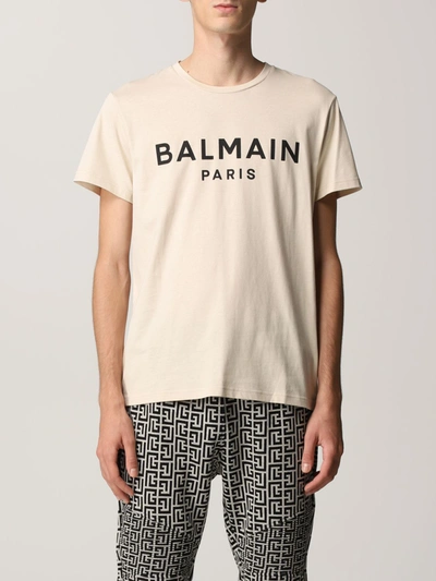 Balmain Cotton Tshirt With Logo In Ivory