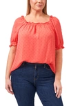 Cece Plus Size Puff Sleeve Clip Dot Blouse In Bay Coral