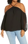 1.state Off The Shoulder Sheer Chiffon Blouse In Pine Green