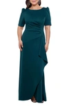 Xscape Side Ruched Ruffle Details Scuba Crepe Gown In Hunter