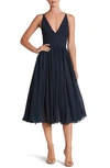 Dress The Population Alicia Womens Crepe Lace Hem Fit & Flare Dress In Blue