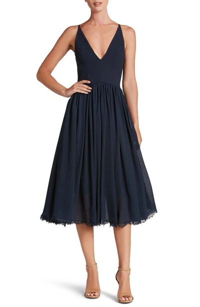 Dress The Population Alicia Womens Crepe Lace Hem Fit & Flare Dress In Blue