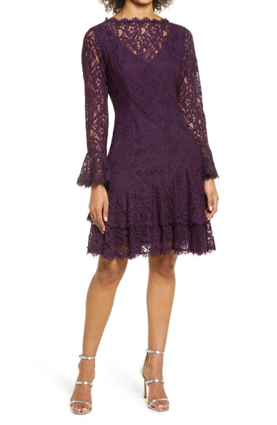 Shani Long Sleeve Tiered Lace Dress In Berry