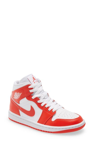 Jordan Air  1 Mid Sneaker In White/ Habanero Red/ White