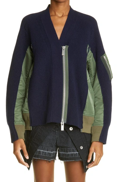 Sacai Wool Knit X Nylon Twill Cardigan In Navy