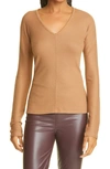 Rag & Bone The Bias Rib Knit Long Sleeve V-neck Top In Camel