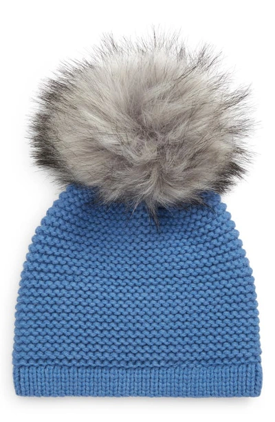 Kyi Kyi Wool Blend Beanie With Faux Fur Pom In Harbour Blue/ Grey