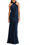 Lovely Imogen Twist Halter Charmeuse Trumpet Gown In Blue