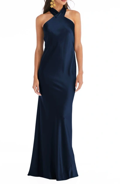 Lovely Imogen Twist Halter Charmeuse Trumpet Gown In Blue