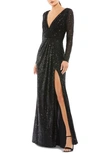 Mac Duggal Ieena For  Sequin Long Sleeve Faux Wrap Gown In Black