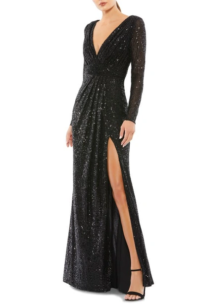Mac Duggal Ieena For  Sequin Long Sleeve Faux Wrap Gown In Black