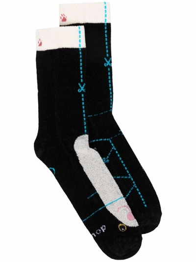 Doublet Cat-motif Crew Socks In 黑色