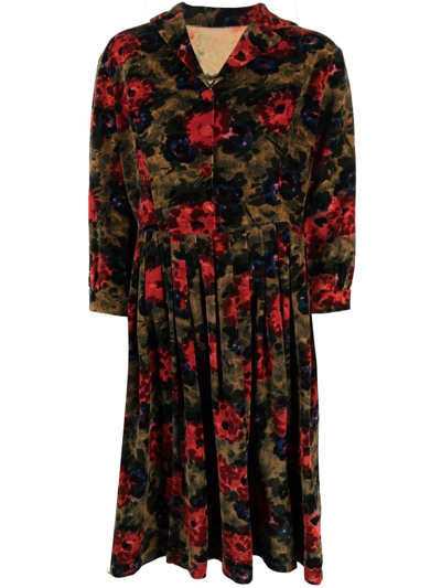 Pre-owned A.n.g.e.l.o. Vintage Cult 1950s Floral-print Pleated Shirtdress In 褐色