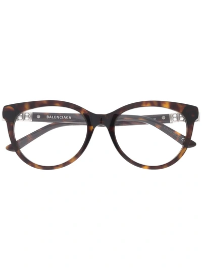 Balenciaga Double B Logo Tortoiseshell Round-framed Glasses In 褐色