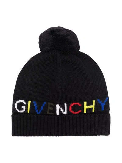 Givenchy Logo Intarsia Wool Knit Hat W/ Pompom In Black