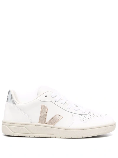 Veja V-10 Tricolor Leather Low-top Sneakers In 白色